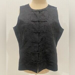 Eileen Fisher Black Crinkle Silk Sleeveless Top with Frog Button Closure Size L